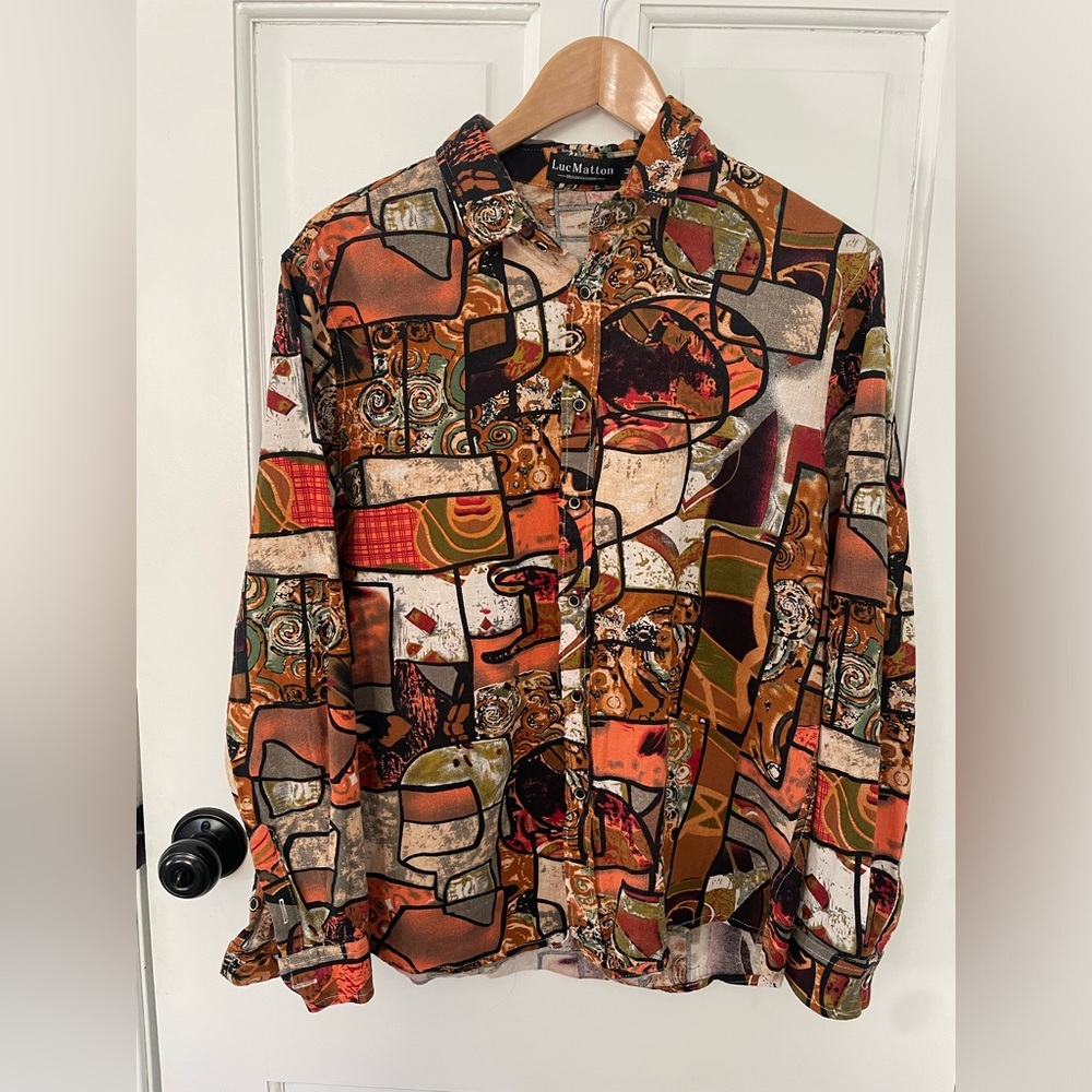 Luc Matton mens cotton linen blend long sleeve buttonup dress shirt art size M